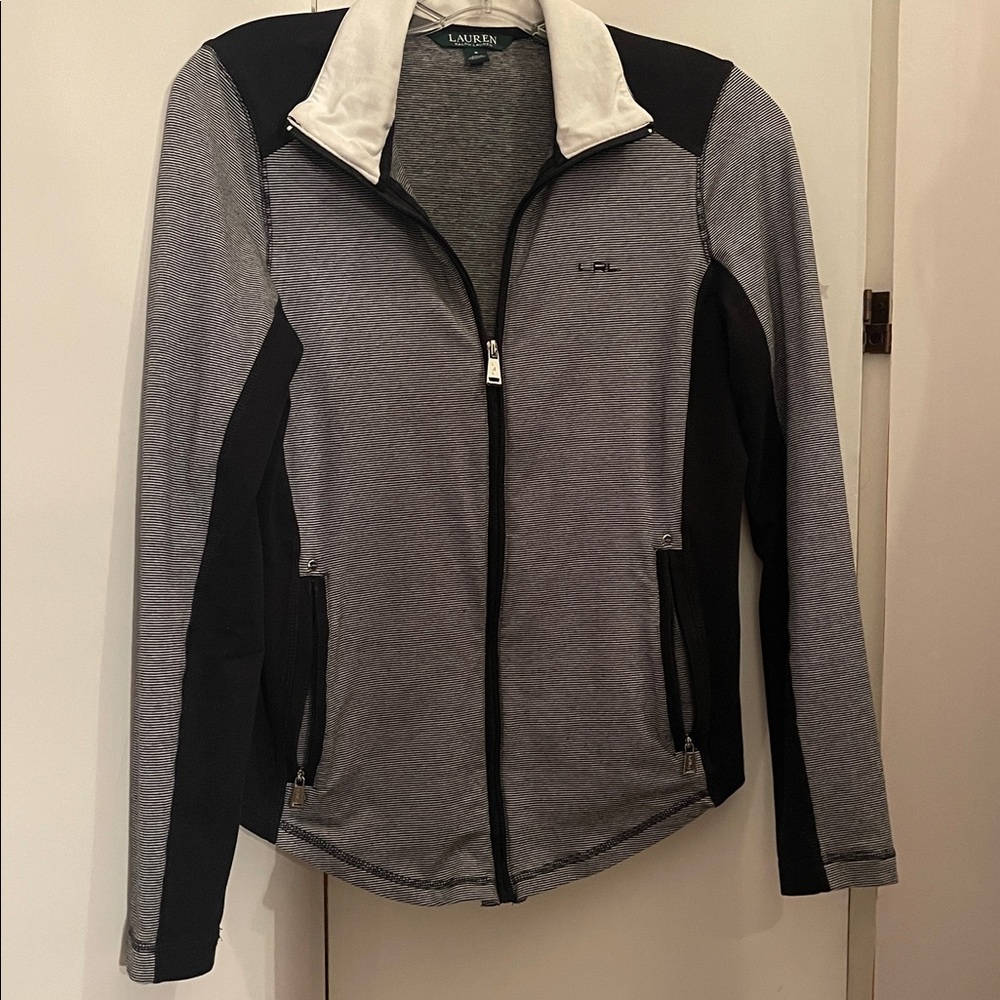 Lauren Ralph Lauren Black and White Pinstripe Zip Up Size Small PTP 17.5”